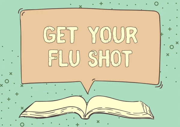 Didascalia di testo che presenta Get Your Flu Shot. Panoramica aziendale immunizzazione viene data ogni anno per proteggere contro l'influenza Open Book illustrazione con discorso bolla Presentare un preventivo Messaggio Notizie. — Foto Stock