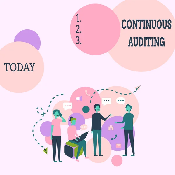 Hand writing sign Continuous Auditing. Business showcase Internal process that examines accounting practices Four Colleagues Illustration Having Conversations Brainstorming New Ideas. — Stock Photo, Image