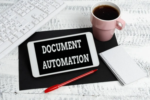 Texto que presenta la automatización de documentos. Word Escrito en flujos de trabajo que ayudan en la creación de documentos electrónicos Comunicaciones inalámbricas Voz y videollamadas Escribir notas importantes — Foto de Stock