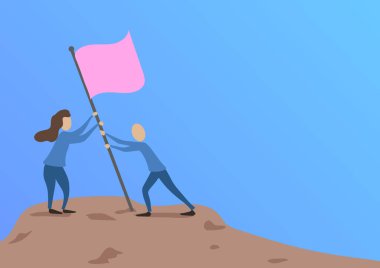 Man And Woman Drawing Standing Setting Up Flag On Peak Of Mountain. Colleagues Design Sticking Banner Pole Hill Top Showing Goals Reached Through Teamwork. vector