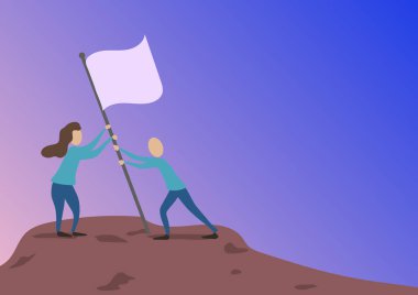 Man And Woman Drawing Standing Setting Up Flag On Peak Of Mountain. Colleagues Design Sticking Banner Pole Hill Top Showing Goals Reached Through Teamwork. vector