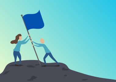 Man And Woman Drawing Standing Setting Up Flag On Peak Of Mountain. Colleagues Design Sticking Banner Pole Hill Top Showing Goals Reached Through Teamwork. vector