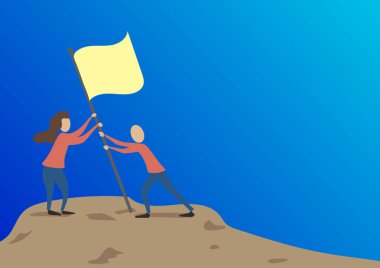 Man And Woman Drawing Standing Setting Up Flag On Peak Of Mountain. Colleagues Design Sticking Banner Pole Hill Top Showing Goals Reached Through Teamwork. vector