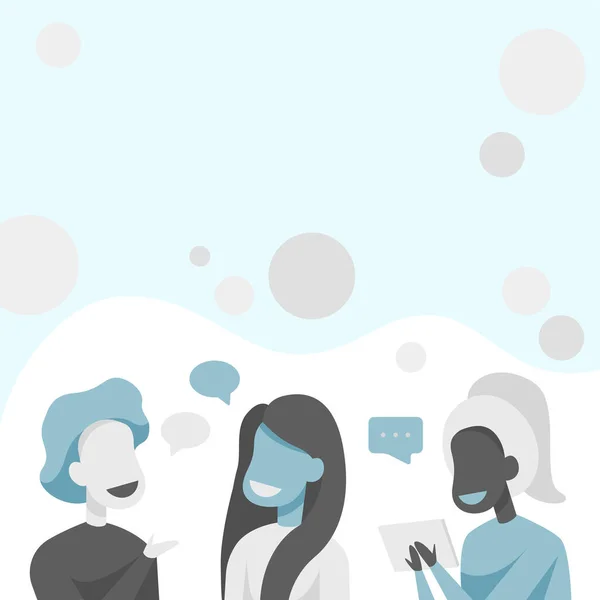 Glada vänner rita stående prata med varandra med tal bubblor och surfplatta. Kollegor Design står och pratar med varandra Ha kul konversation. — Stock vektor