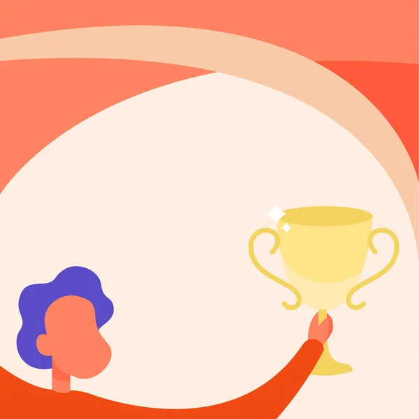 우승을 축하하는 트로피 컵을 여는 남자. 우승 과 달성을 보여 주는 설계 대회 컵 을 운반하는 신사. — 스톡 벡터