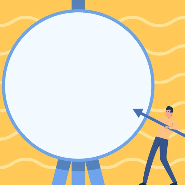 Homme dessinant debout tenant une grande flèche pointant vers une grande cible circulaire sur le trépied. Gentleman Design portant de grands points de boulon à grande chose ronde. — Image vectorielle