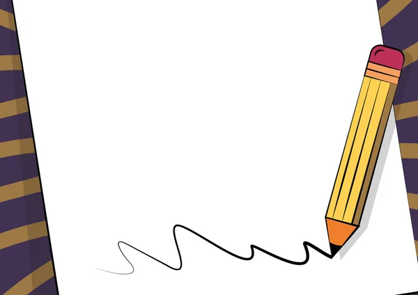 Kresba tužkou na začátek listu s kresbou na papíře. Pero s gumovým designem umístěné na notě s čarami kresby. — Stockový vektor