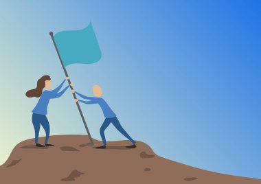 Man And Woman Drawing Standing Setting Up Flag On Peak Of Mountain. Colleagues Design Sticking Banner Pole Hill Top Showing Goals Reached Through Teamwork. vector