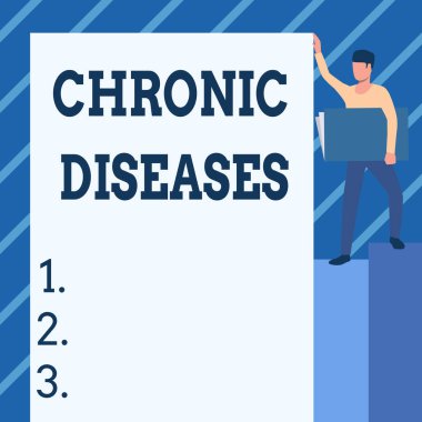 Conceptual display Chronic Diseases. Business idea A disease or condition that lasts for longer time Man Standing Carrying Large Notebook While Showing Big Whiteboard.
