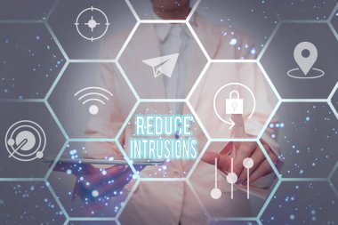 Text showing inspiration Reduce Intrusions. Business overview a strategy to reduce and monitor false alarm rates Lady In Uniform Holding Tablet In Hand Virtually Tapping Futuristic Tech.