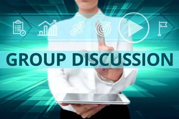 Writing displaying text Group Discussion. Business approach gather either formally or informally to bring up ideas Lady In Uniform Holding Phone Virtual Press Button Futuristic Technology. — Stock Fotó