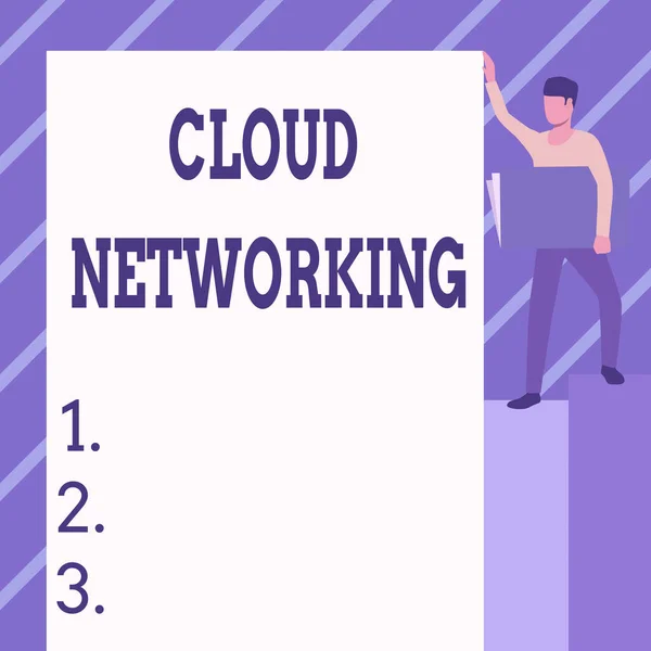 Text bildtext som presenterar Cloud Networking. Business overview sourcing and utilization of one or more network resources Man Standing Carrying Large Notebook While Visar Big Whiteboard. — Stockfoto