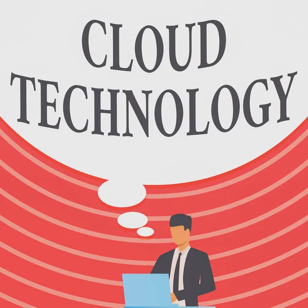 Conceptual caption Cloud Technology. Word for on demand availability of computer system resources Businessman In Suit Drawing Using Laptop With Large Idea Bubble. — Foto de Stock