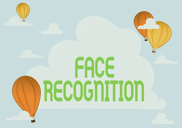 Text showing inspiration Face Recognition. Business idea ability of a computer to scan and recognize human faces Hotair Balloon Illustration Flying Clouds Reaching New Destinations — Stock Photo, Image