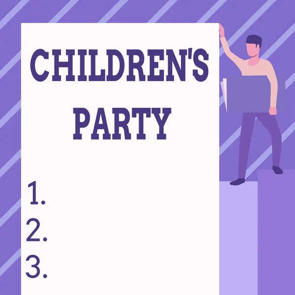Writing displaying text Children S Is Party. Internet Concept social gathering or the entertainment provided for kids Man Standing Carrying Large Notebook While Showing Big Whiteboard. — Stock Fotó