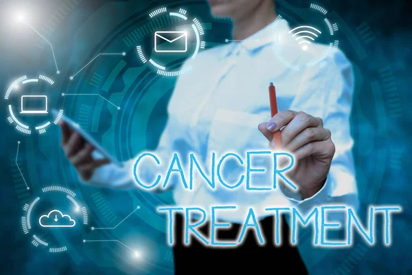 Sign displaying Cancer Treatment. Business overview The management of medical care given to a cancer patient Lady In Uniform Holding Tablet In Hand Virtually Typing Futuristic Tech. — Foto Stock