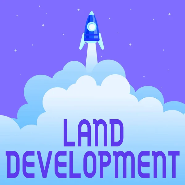 Hand writing sign Land Development. Internet Concept process of acquiring land for constructing infrastructures Abstract Reaching Top Level, Rocket Science Presentation Designs — Zdjęcie stockowe