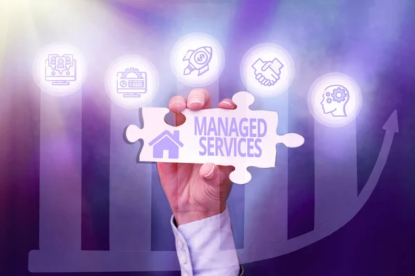 Inspiration showing sign Managed Services. Business concept company that remotely manages customer s is IT infrastructure Hand Holding Jigsaw Puzzle Piece Unlocking New Futuristic Technologies. — Stock Photo, Image
