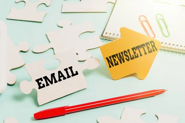 Text caption presenting Email Newsletter. Word Written on email sent out to inform the audience of the latest news Building An Unfinished White Jigsaw Pattern Puzzle With Missing Last Piece — 스톡 사진
