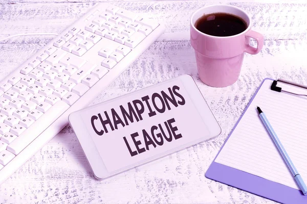 Conceptual caption Champions League. Concept meaning Yearly football competition from each country in Europe Wireless Communications Voice And Video Calls Writing Important Notes — Fotografia de Stock