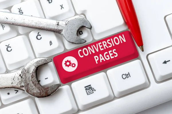 Sign displaying Conversion Pages. Word for appears in response to clicking on a search engine Creating New Account Password, Abstract Online Writing Courses — 스톡 사진