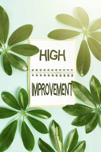 Text sign showing High Improvement. Word for addition or change that makes something better or valuable Creating Nature Theme Blog Content, Preventing Environmental Loss — ストック写真