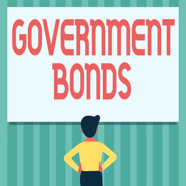 Inspiration showing sign Government Bonds. Business showcase debt security issued by a government to support spending Man Drawing Standing Hands N Hips Looking At An Empty Whiteboard. — стокове фото