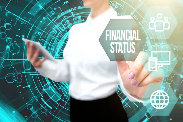 Text showing inspiration Financial Status. Business showcase level of income into which applicants are categorized Lady In Uniform Standing Hold Phone Virtual Press Button Futuristic Tech. — Stock Photo, Image