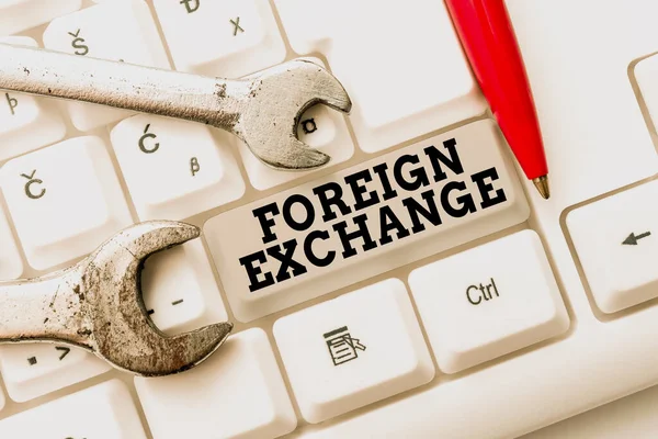 Text caption presenting Foreign Exchange. Conceptual photo system for dealing in the currency of other countries Abstract Programmer Typing Antivirus Codes, Retyping Debug Codes — ストック写真