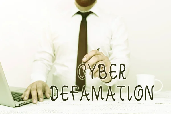 Conceptual caption Cyber Defamation. Business concept slander conducted via digital media usually by Internet Remote Office Work Online Presenting Business Plan And Designs — 图库照片