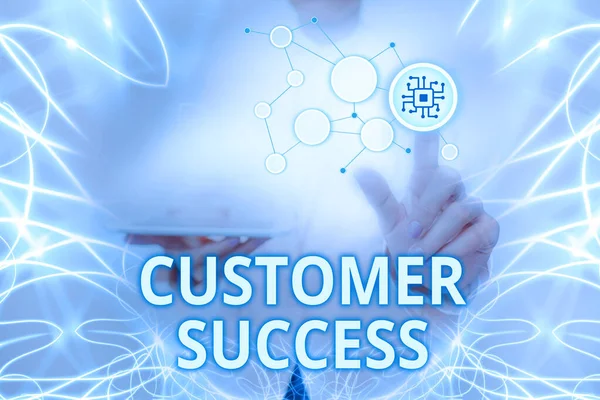 Writing displaying text Customer Success. Word for customers achieve desired outcomes while using your product Lady Holding Tablet Pressing On Virtual Button Showing Futuristic Tech. — Stockfoto