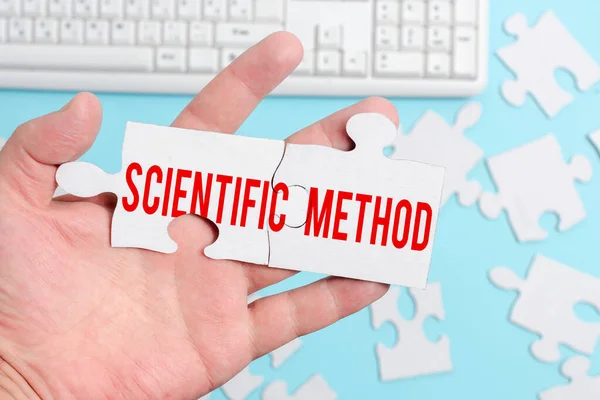 Sign displaying Scientific Method. Business showcase method of procedure that has characterized natural science Building An Unfinished White Jigsaw Pattern Puzzle With Missing Last Piece — Stock Fotó