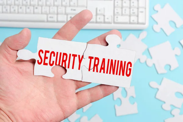Inspiration showing sign Security Training. Conceptual photo providing security awareness training for end users Building An Unfinished White Jigsaw Pattern Puzzle With Missing Last Piece — Zdjęcie stockowe