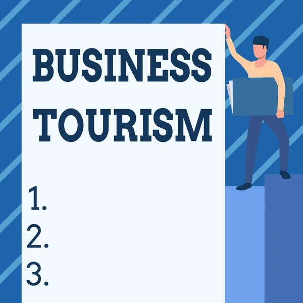 Handwriting text Business Tourism. Business approach activity of leaving one s is native place for business purpose Man Standing Carrying Large Notebook While Showing Big Whiteboard. — 图库照片
