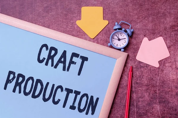 Conceptual caption Craft Production. Word Written on process of manufacturing without the aid of tool or by hand Time Managment Plans For Progressing Bright Smart Ideas At Work — Foto Stock