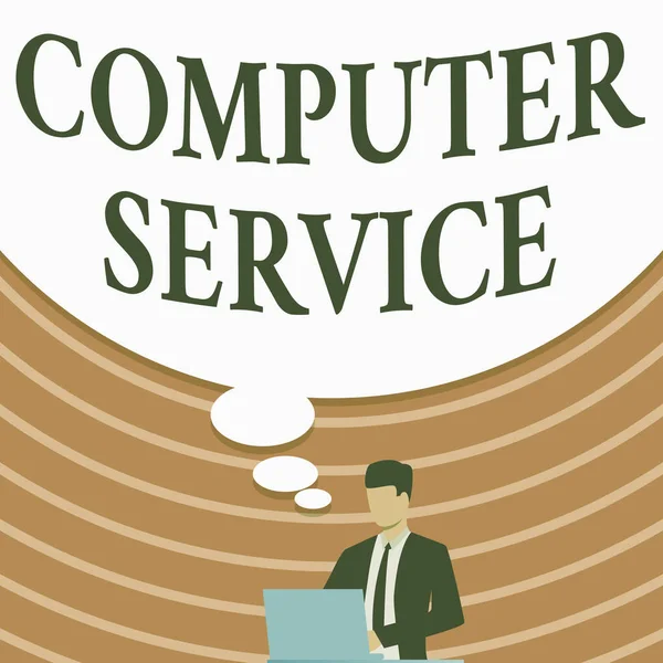 Inspiration showing sign Computer Service. Concept meaning computer time or service including data processing services Businessman In Suit Drawing Using Laptop With Large Idea Bubble. — Stock Photo, Image