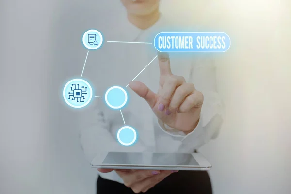 Conceptual caption Customer Success. Business showcase customers achieve desired outcomes while using your product Lady Holding Tablet Pressing On Virtual Button Showing Futuristic Tech. — Photo