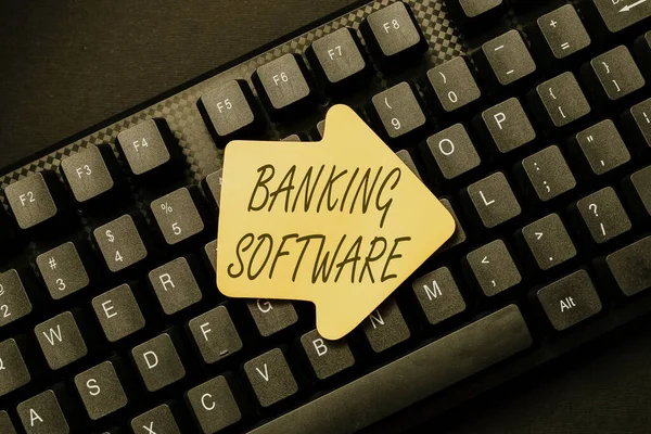 Writing displaying text Banking Software. Conceptual photo typically refers to core banking software and interfaces Online Browsing And Exploring, Creating Blog Content, Sending New Messages — Stock fotografie