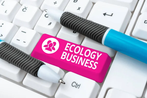 Text sign showing Ecology Business. Internet Concept global ecology and environment protection business Practicing Speed Typing Accuracy, Testing Typewriting Knowledge — Fotografia de Stock