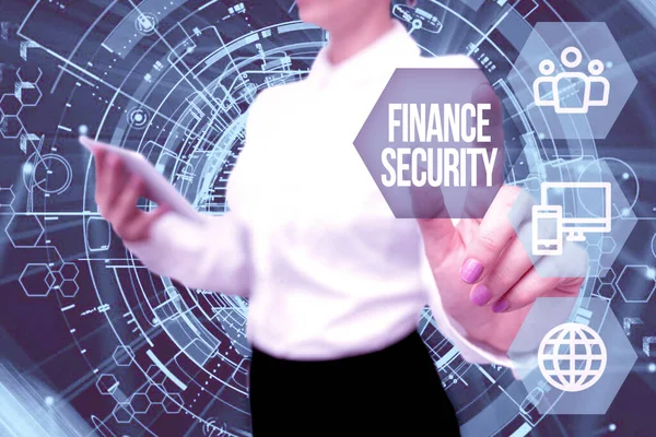 Conceptual caption Finance Security. Business idea document that entitles the owner with some rights and claims Lady In Uniform Standing Hold Phone Virtual Press Button Futuristic Tech. — Foto Stock