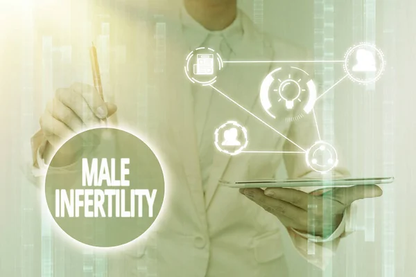 Hand writing sign Male Infertility. Business concept the inability to cause pregnancy in a fertile Lady In Uniform Touching And Using Futuristic Holographic Technology. — Foto de Stock