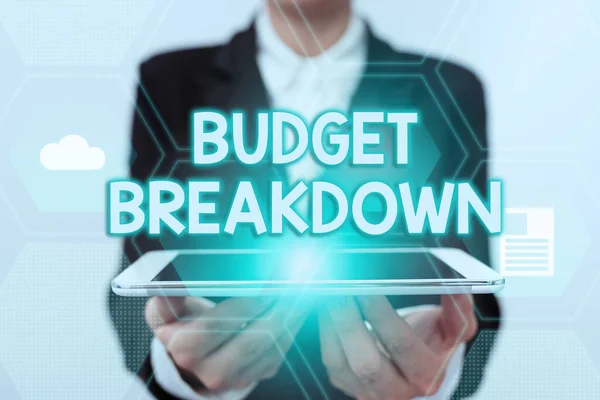 Text sign showing Budget Breakdown. Business idea dividing the cost of something into the different parts Lady In Uniform Holding Touchpad Showing Futuristic Virtual Interface. — Fotografia de Stock