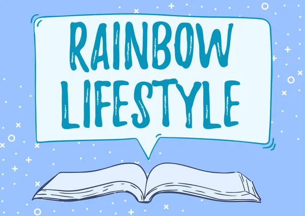 Text sign showing Rainbow Lifestyle. Conceptual photo same sex couple or individual within the LGBT community Open Book illustration With Speech Bubble Presenting A Quote Message News. — Stockfoto