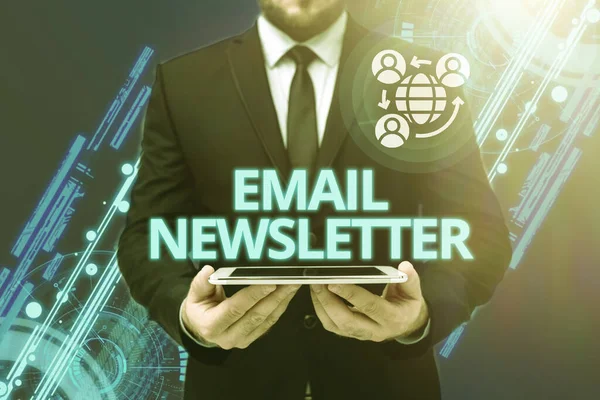 Text sign showing Email Newsletter. Word for email sent out to inform the audience of the latest news Man In Office Uniform Holding Tablet Displaying New Modern Technology. — Fotografia de Stock