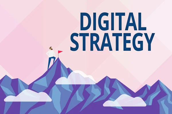 Ручной знак Digital Strategy. Слово в слово для плана по максимизации бизнес-выгоды от данных активов Краткое описание Достижение и достижение цели, Результат тяжелой работы Концепции — стоковое фото