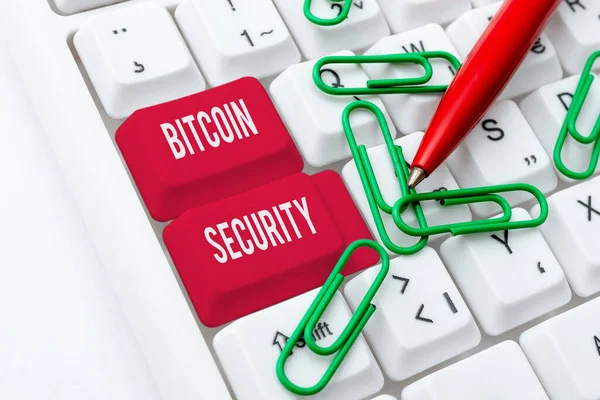 Hand writing sign Bitcoin Security. Internet Concept funds are locked in a public key cryptography system Posting New Social Media Content, Abstract Creating Online Blog Page — Stock fotografie