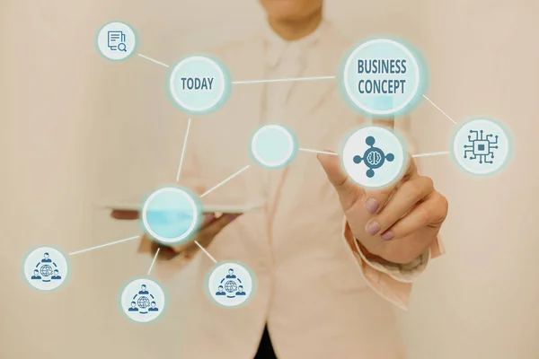 Text sign showing Business Concept. Business showcase approach to marketing or delivering an existing product Lady Holding Tablet Pressing On Virtual Button Showing Futuristic Tech. — Stockfoto