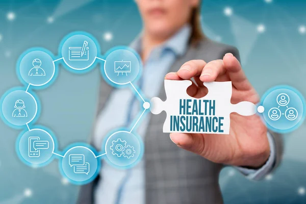 Text caption presenting Health Insurance. Business approach reimburse the insured for expenses incurred from illness Business Woman Holding Jigsaw Puzzle Piece Unlocking New Futuristic Tech. — ストック写真