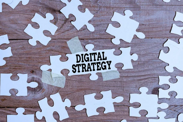 디지털 전략 (Digital Strategy) 은 대한민국의 모델이다. 데이터 자산의 비즈니스 이익을 최대화하기 위한 계획에 기술된 말: 완료되지 않은 화이트 지그 톱 패턴 Puzzle With Missing Last Piece — 스톡 사진
