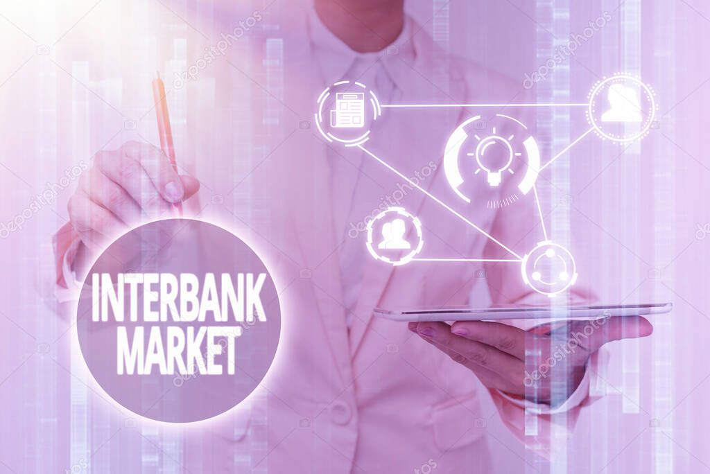 Sign displaying Interbank Market. Word Written on forex market where banks exchange different currencies Lady In Uniform Touching And Using Futuristic Holographic Technology.
